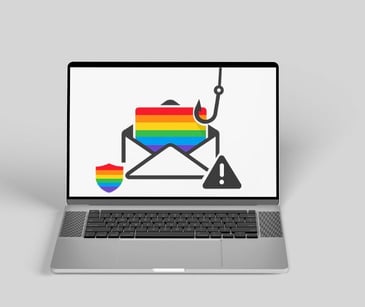 rainbow email icon with phishing hook on computer