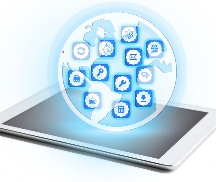tablet with floating digital icons
