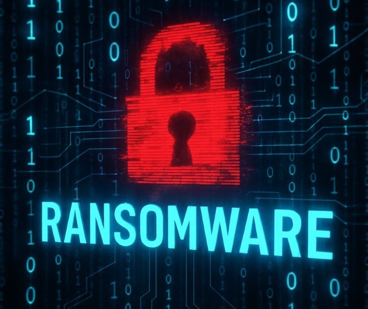 red digital lock with ransomware text