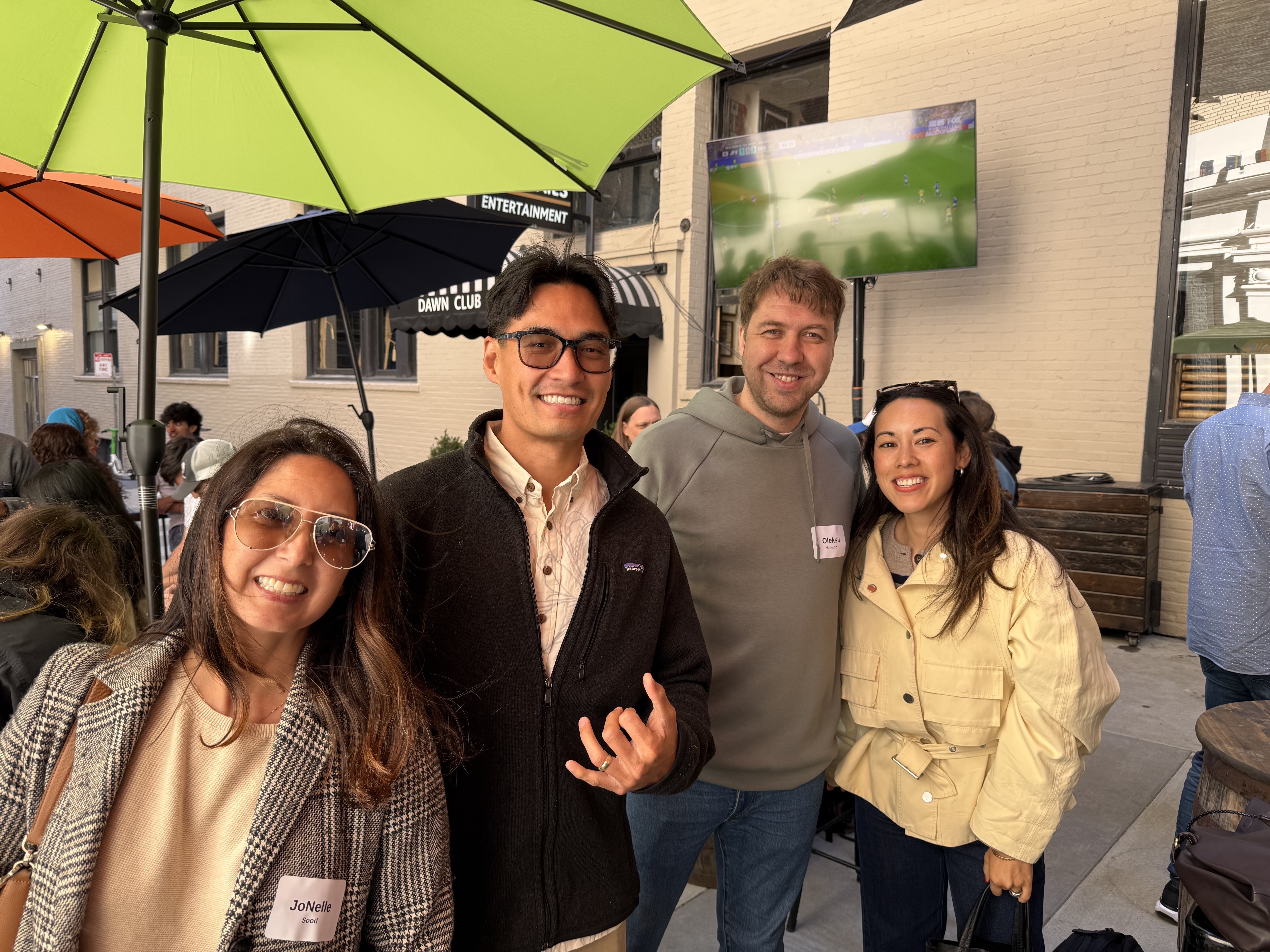 Left to right: JoNelle Sood, Taylor Ho, Oleksii Voitenko, and Asia Ho (Program Manager, Netflix) | Paubox Social Mixer in SF (+ World Cup Watch Party 🌎⚽)