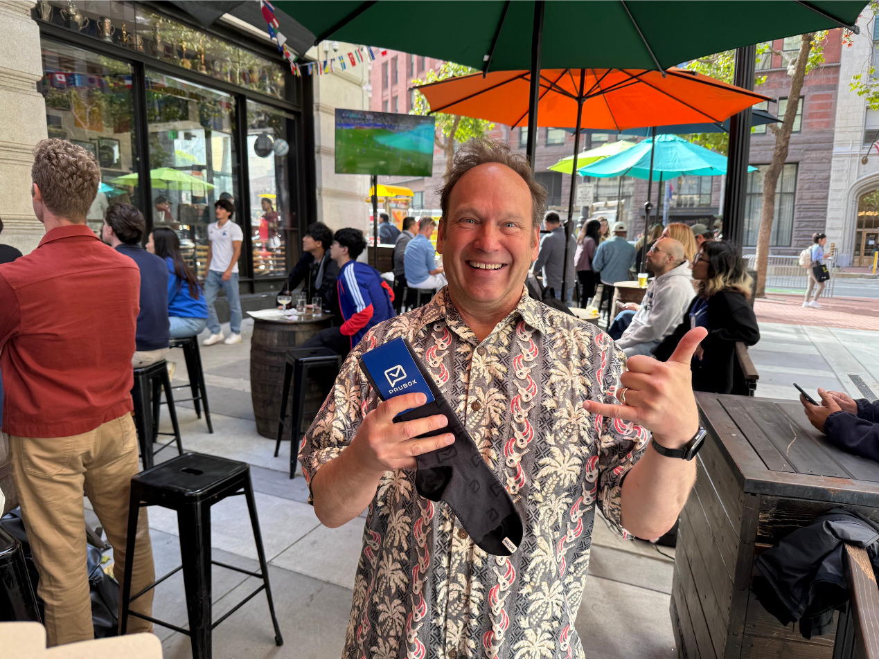 Tom Voltz! He came early, brought the aloha spirit, and received the first pair of Pausox for the social mixer. We hadn't seen each other in years | Paubox Social Mixer in SF (+ World Cup Watch Party 🌎⚽)