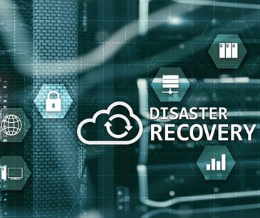 computer server with digital icons and disaster recovery text