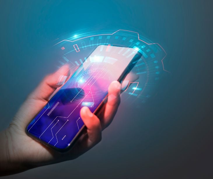 smartphone in hand with floating digital shadows