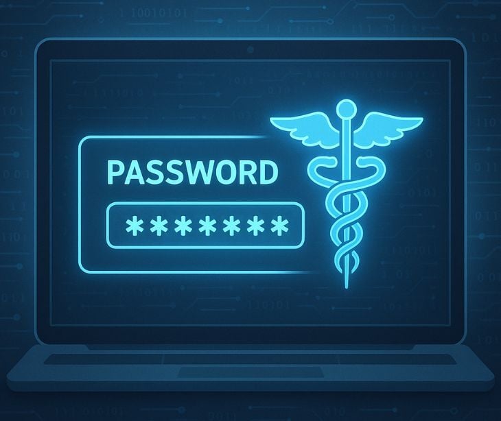 digital blue screen with password text and medical symbol