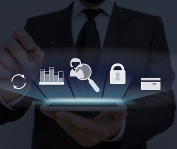 floating digital icons over tablet