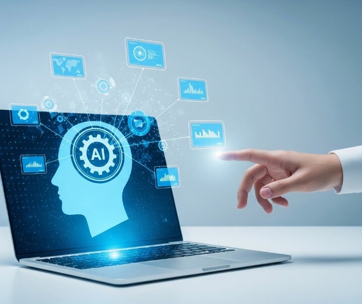 Image of someone reaching towards a computer with a machine in it. 