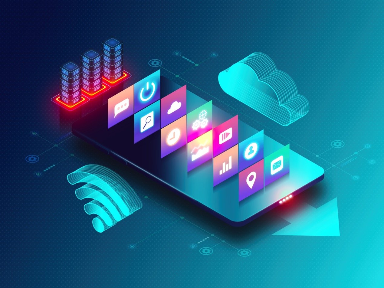 digital phone with floating app icons