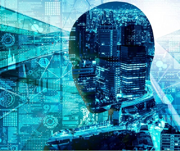 ai graphic head on cityscape