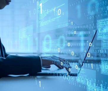 computer laptop with hands and floating numbers