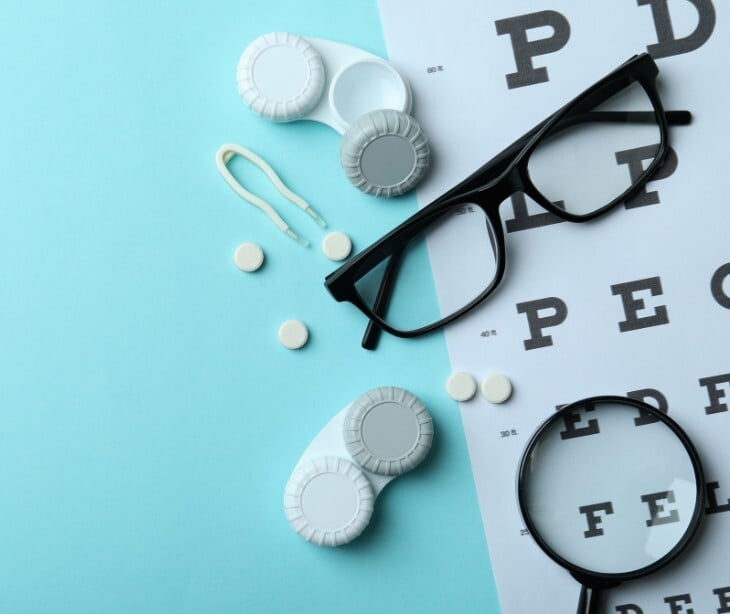 Image of eyecare material, like glasses and a contact case. 