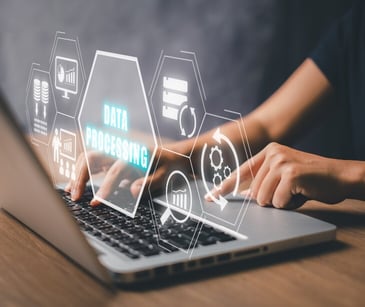 Image of someone on a computer, with wordsd reading 