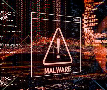 red caution sign with malware text