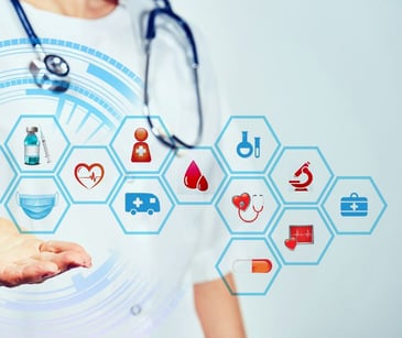 provider with stethoscope and healthcare graphic icons