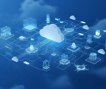 Image of a cloud floating near other digital icons. 