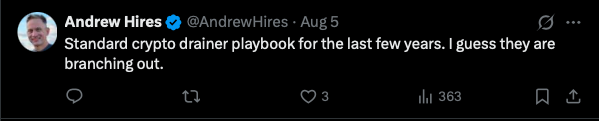 Tweet by Andrew Hires about crypto drainer playbook and account compromise tactics