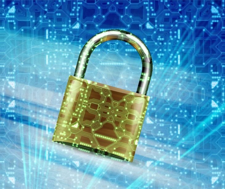 Image of a golden lock in front of a blue background. 