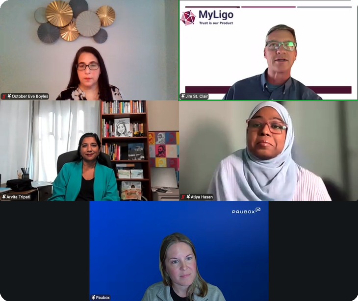 Zoom gallery view of panelists October Boyles, Jim St. Clair, Arvita Tripati, and Atiya Hasan with host Dawn Halpin | AI + HIPAA webinar recap with healthcare's new builders