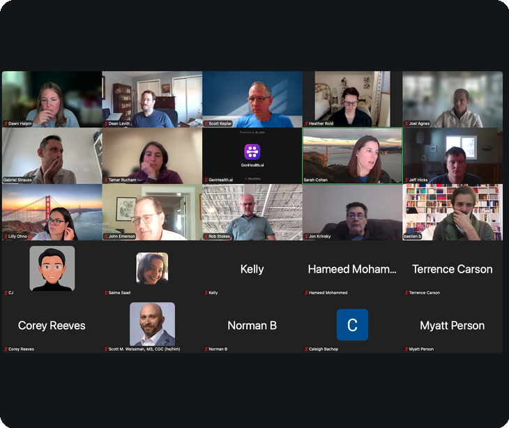 Zoom gallery view from the October 2026 Healthcare AI Build Club session, showing about 25 attendees on video or as name tiles, with presenter Sarah Cohan's tile highlighted as the active speaker. | The Healthcare AI Build Club (October 2026)