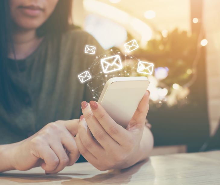 woman on smartphone with email icons