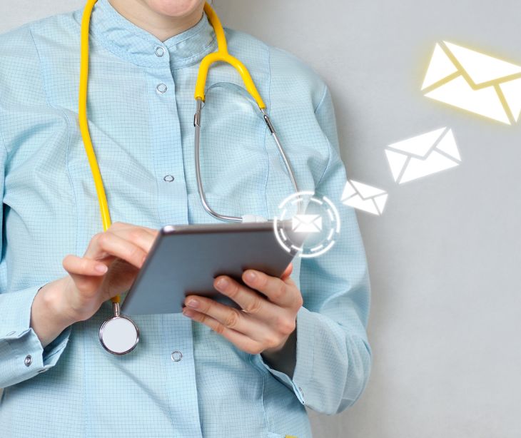 doctor holding tablet with email icons