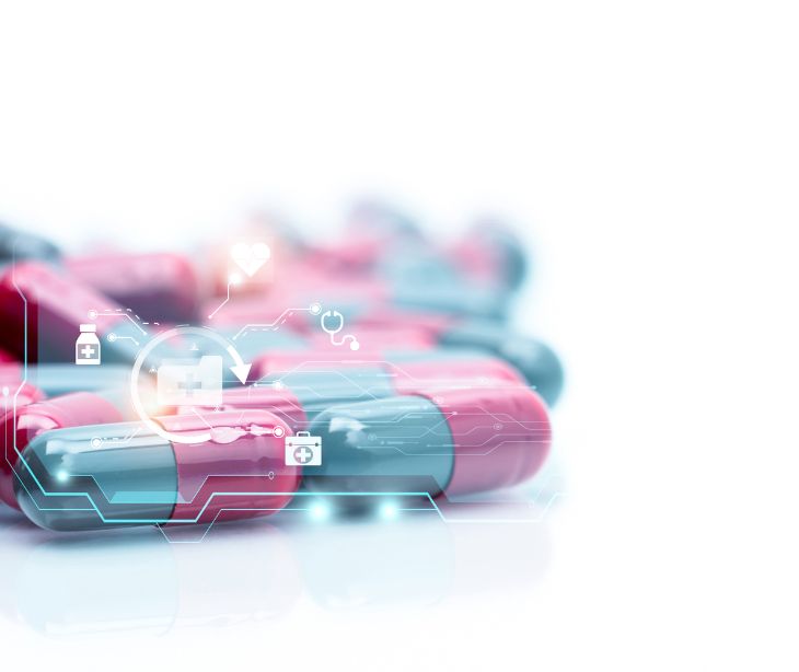 pharmacy pills with floating digital icons