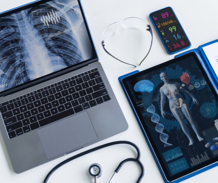 laptop computer tablet and smartphone showing medical images 