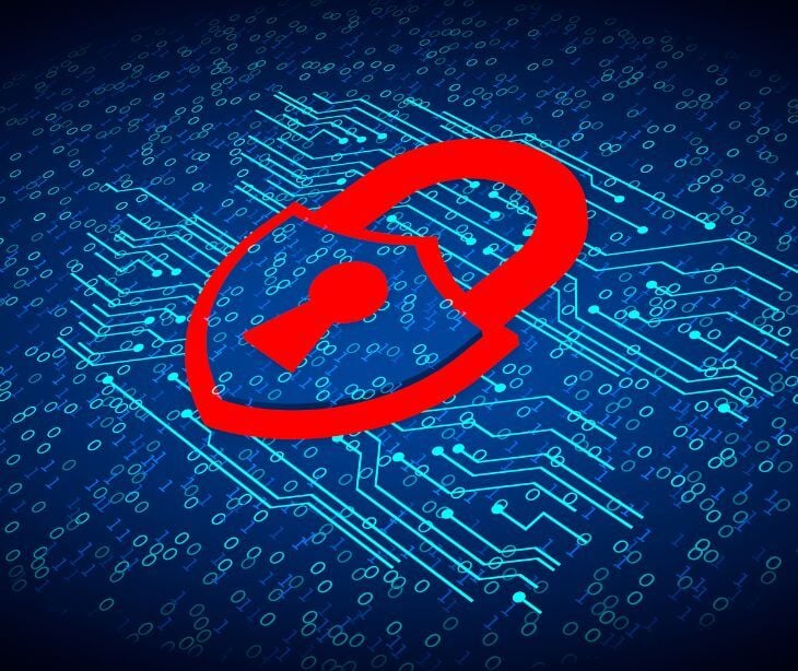 Image of a red lock over neon blue lines similar to a computer chip. 