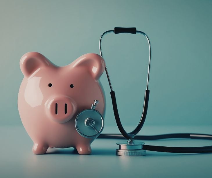 Image of a piggybank with a stethascope. 