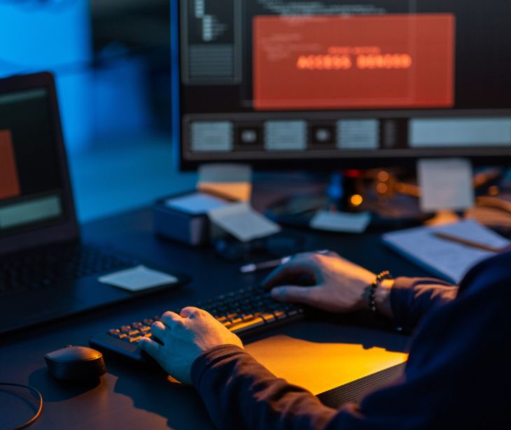 cyber hacker at desk with computer monitors