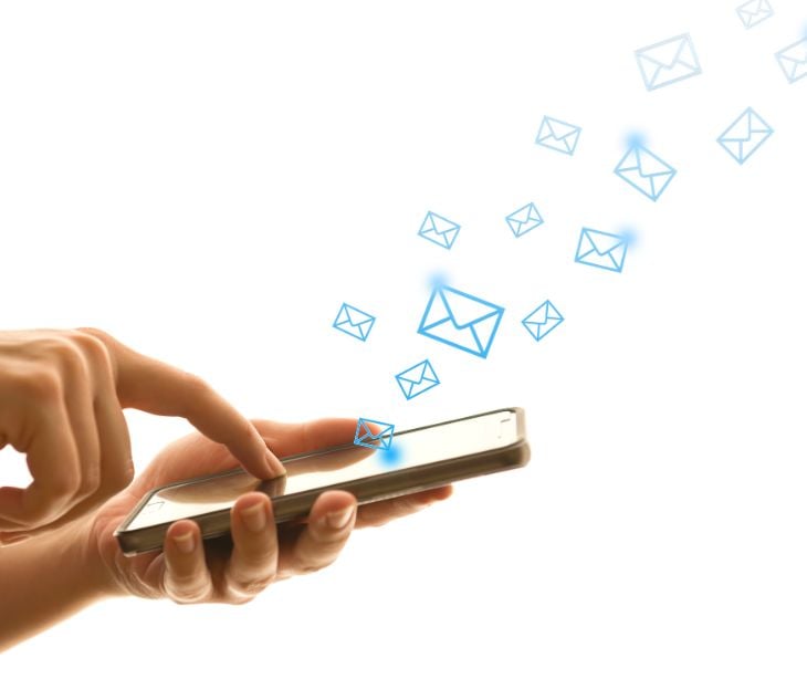 email icons floating above a smartphone