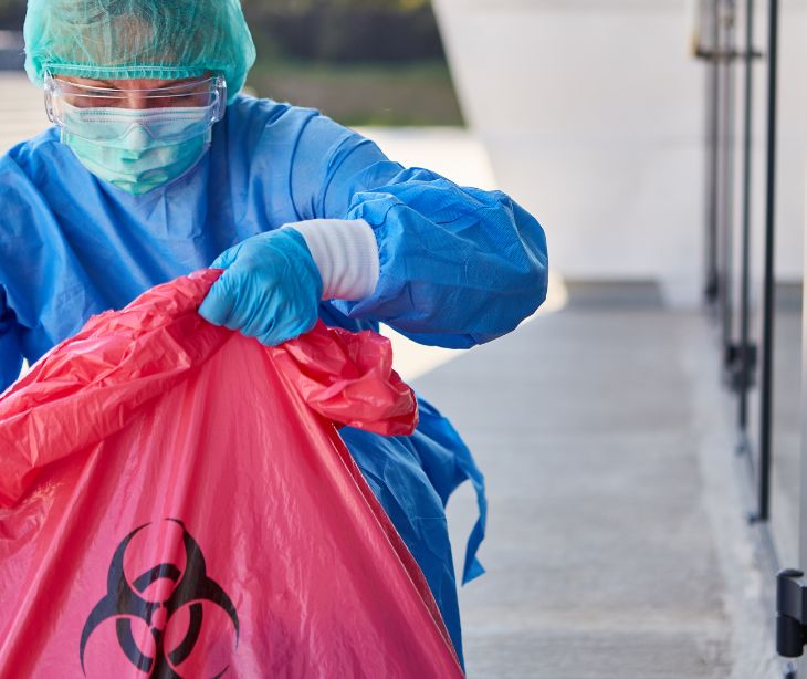healthcare worker with biohazard bag