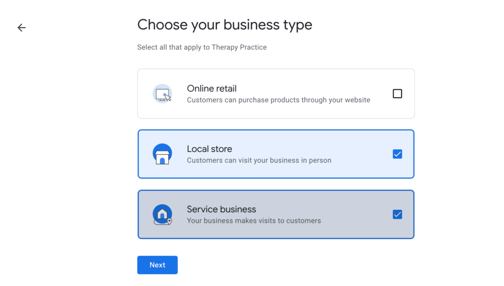 Select your business type