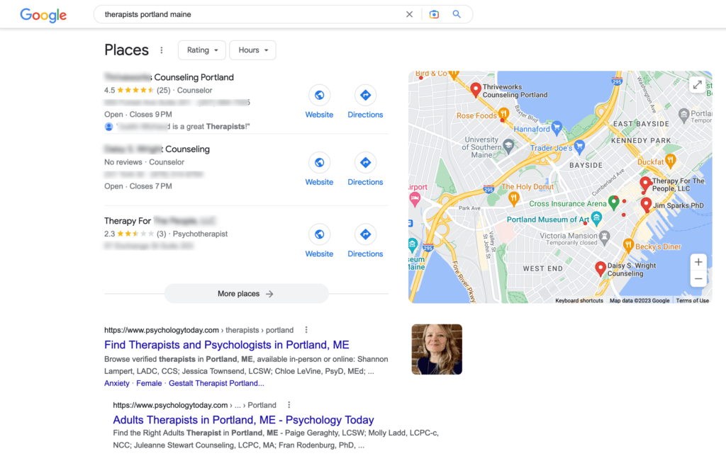 Google map in search results showing therapist results