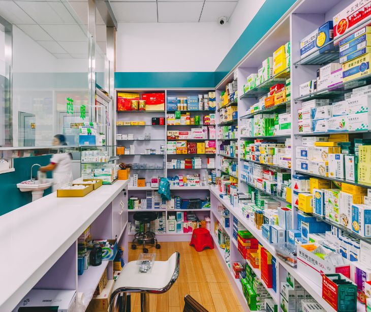 shelves of a pharmacy