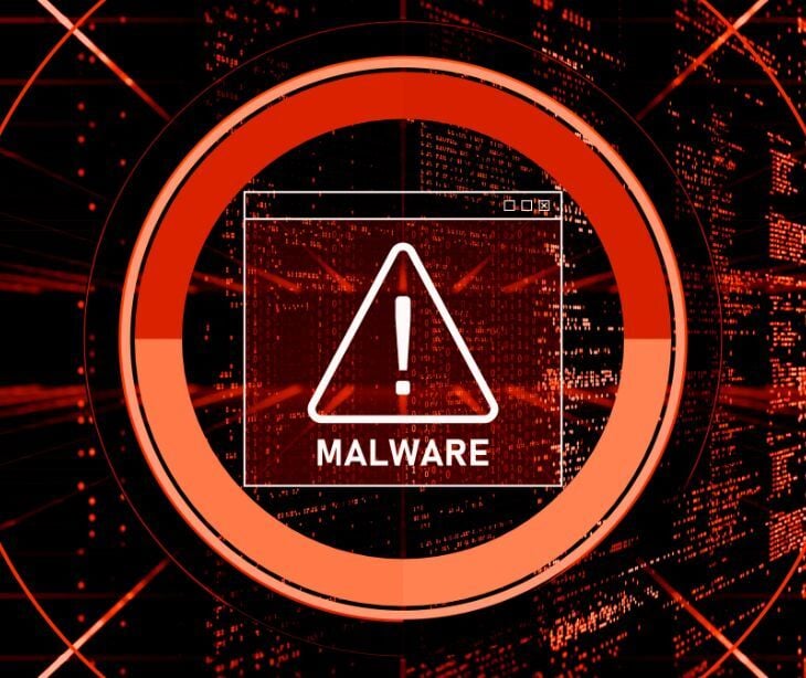 Image of a red warning sign that says "malware." 