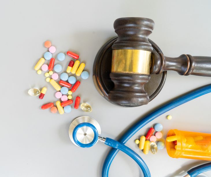 law gavel stethoscope and pills