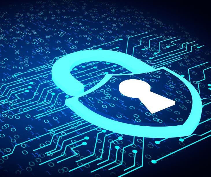 Image of a lock over a blue background with lines to represent a computer chip. 