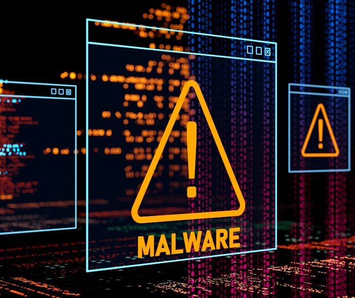 Image of a warning sign that reads "malware." 