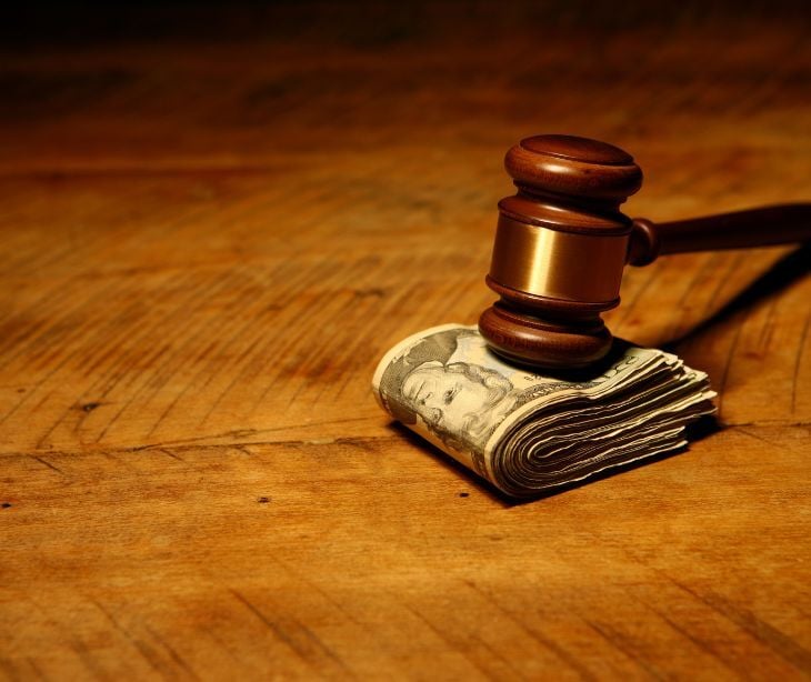 Image of a gavel on top of money. 