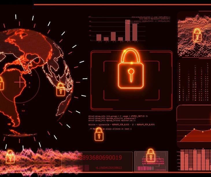 Image of locks with a map background in neon orange. 