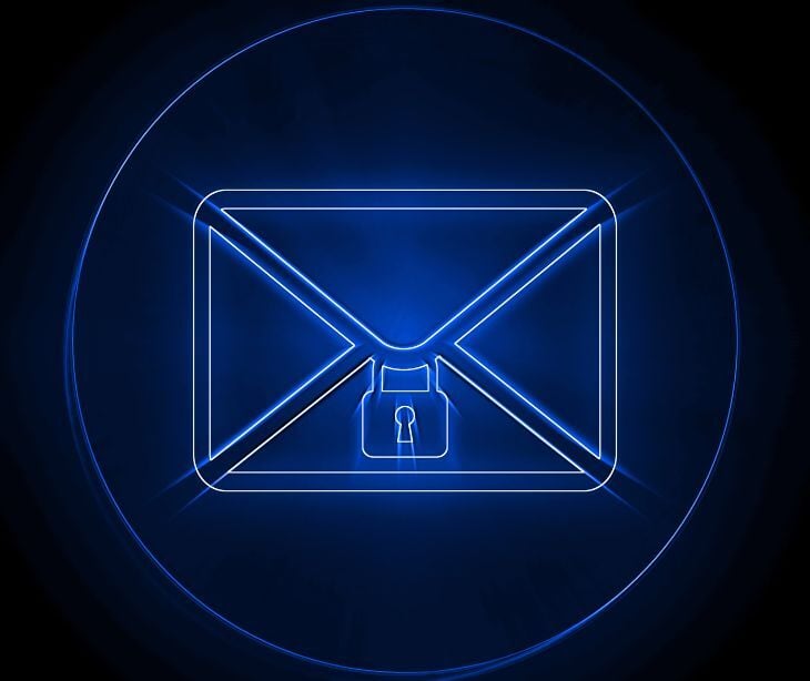 Image of a large neon blue email icon. 