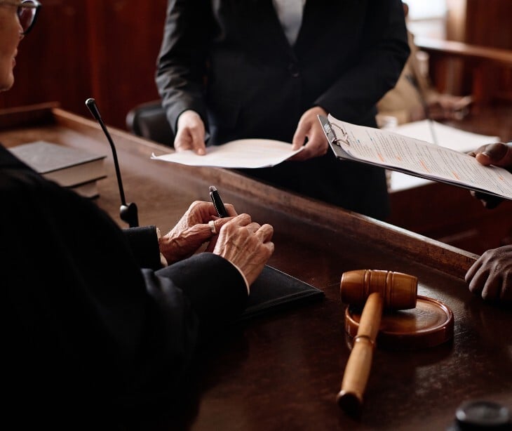 Image of a judge in front of two people holding papers. 