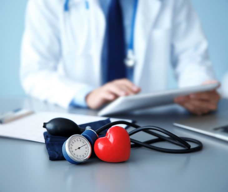 doctor in front of computer with heart and blood pressure cuff
