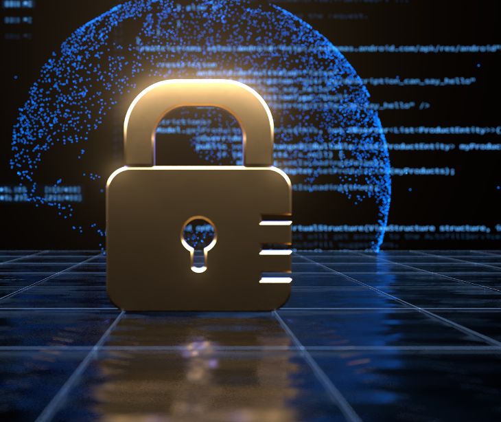 gold security lock on blue digital background