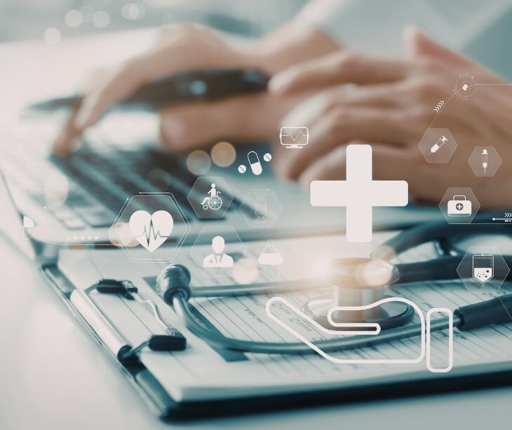 keyboard with floating medical icons