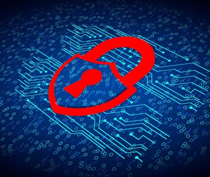 Image of a red shield over a computer screen. 