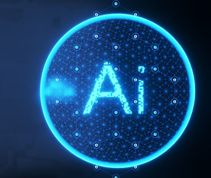 Image of a neon blue circle with "AI" written inside. 