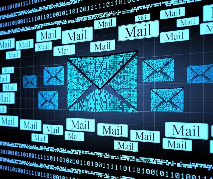 Image of email icons on varying size in a neon blue. 