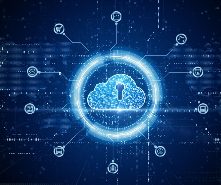 digital blue lock cloud surrounded by digital icons