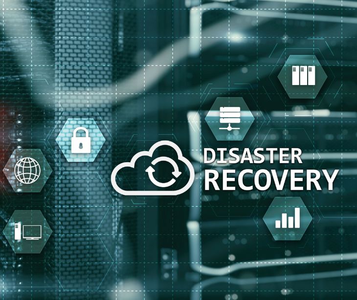 digital icons and disaster recovery text